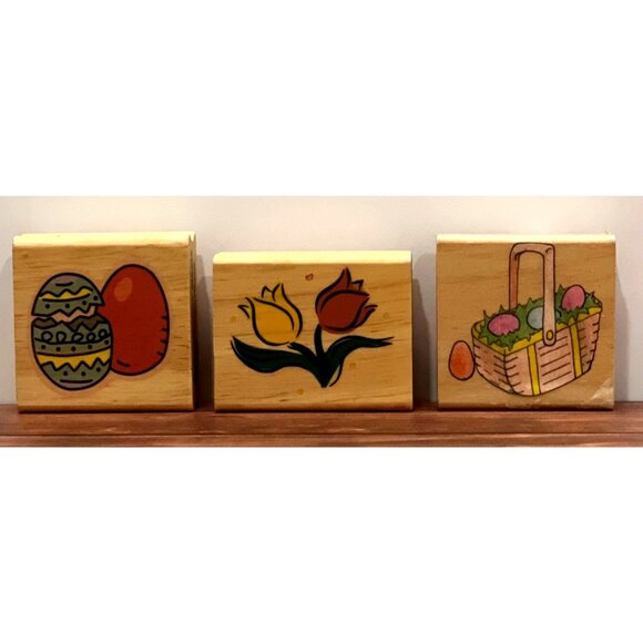 Easter-Themed Rubber Stamps Set Of 3 Canadian Maple Tulip Easter Egg & Basket - Picture 1 of 4
